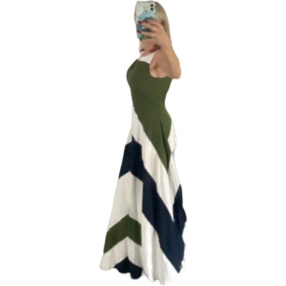 EUC eShakti Green Navy Chevron Stripe Full Skirt Sleeveless Summer Maxi  Medium - Picture 2 of 12